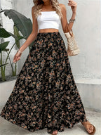 DJ260408847 Spring/Summer Elegant Small Floral Print Stretch Waist Bohemian Style Maxi Dress - Black