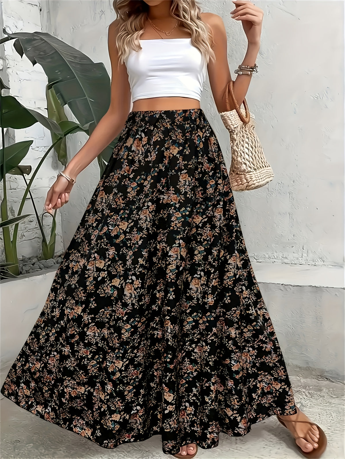 DJ260408847 Spring/Summer Elegant Small Floral Print Stretch Waist Bohemian Style Maxi Dress - Black