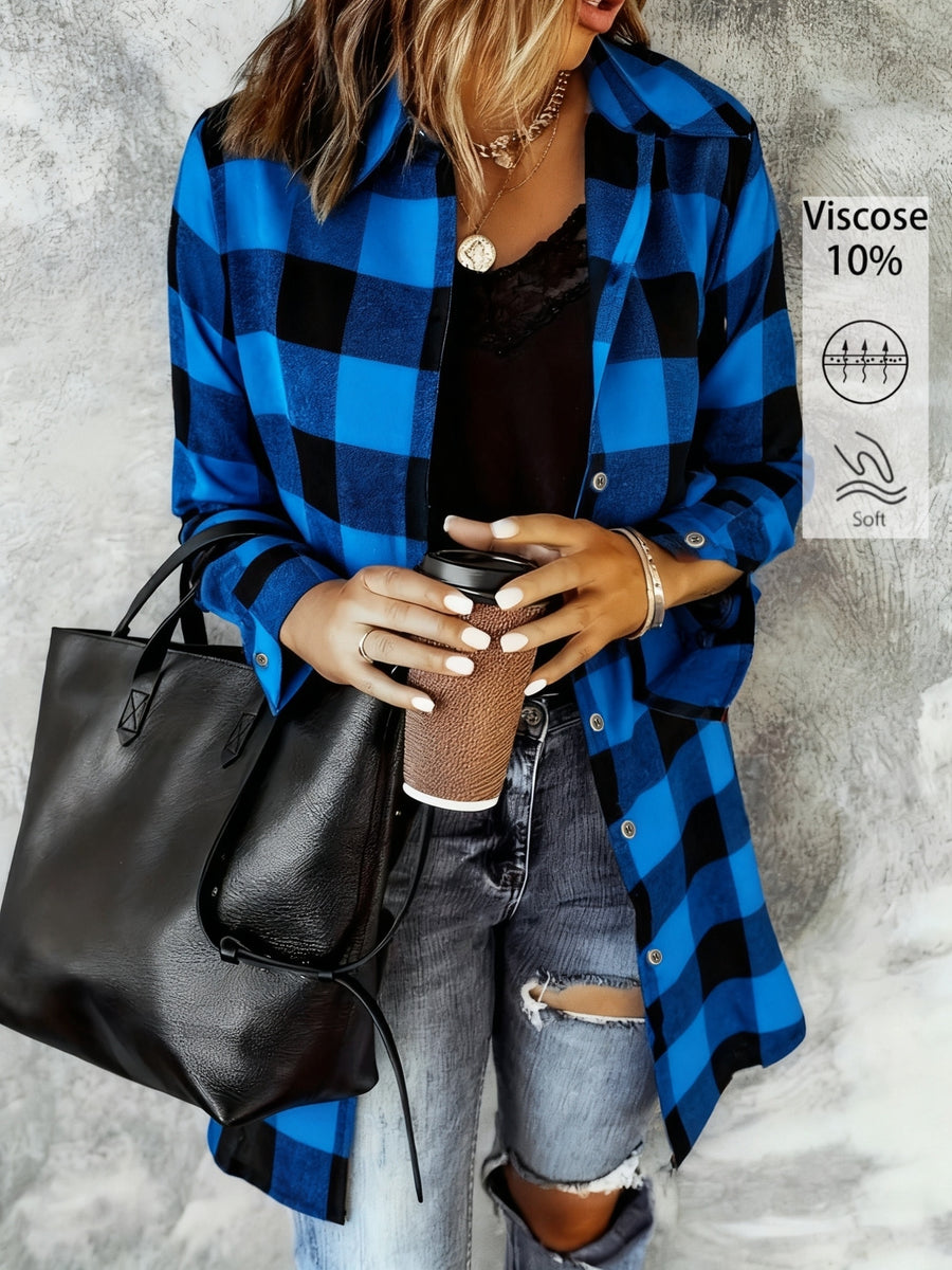Women's Elegant Collar Button- Shirt - Loose Fit Long Button-Front Plaid Blouse Suitable for Daily Wear, Travel & Office - Machine Washable Classic Shirt - Blue Black Grid