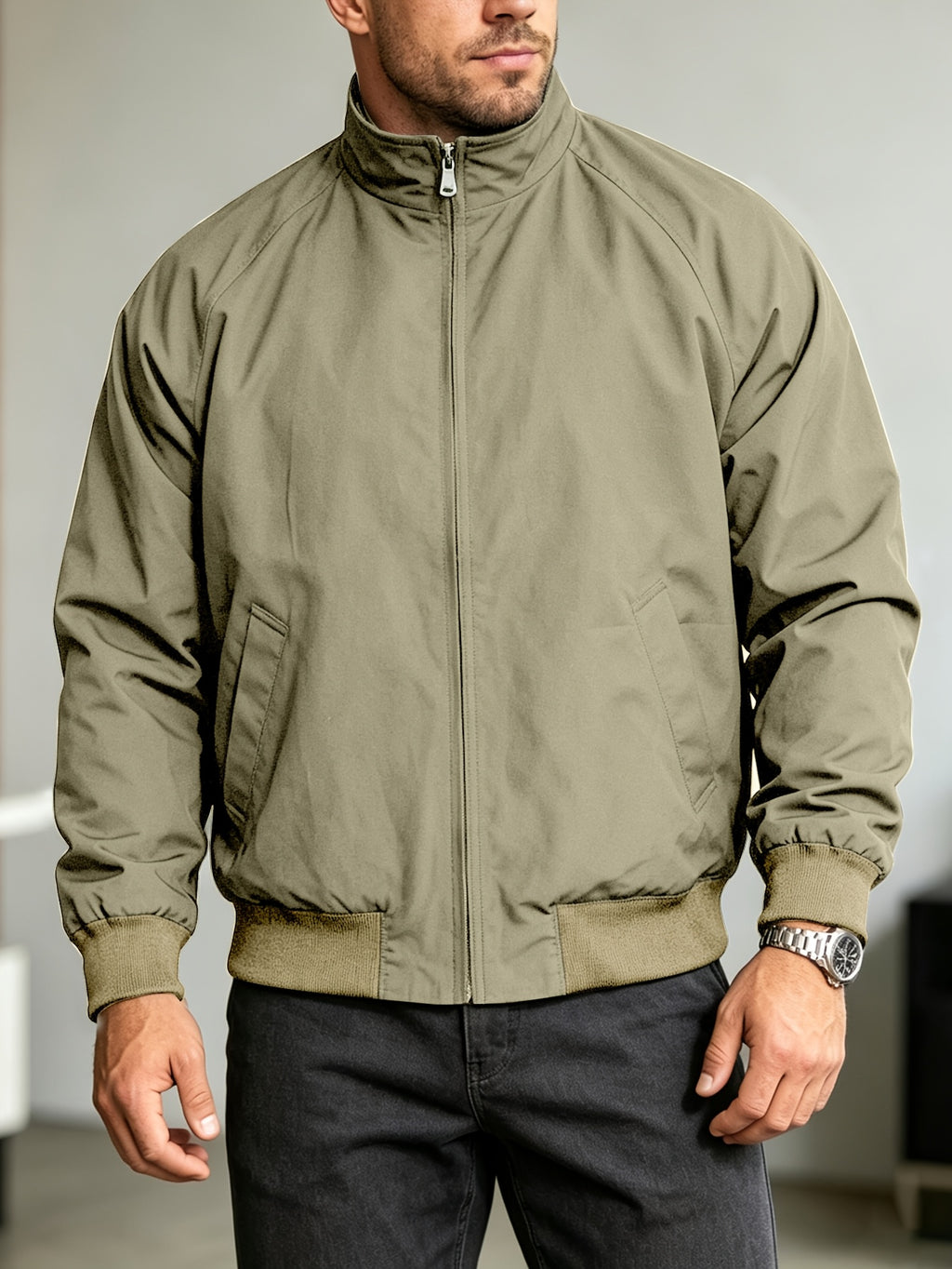 Men's Vintage Harrington Jacket with Stand-Up Collar, Zipper, and Ribbed Cuffs, Casual Outerwear for Daily Commuting - Khaki