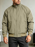 Men's Vintage Harrington Jacket with Stand-Up Collar, Zipper, and Ribbed Cuffs, Casual Outerwear for Daily Commuting - Khaki