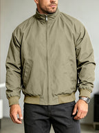 Men's Vintage Harrington Jacket with Stand-Up Collar, Zipper, and Ribbed Cuffs, Casual Outerwear for Daily Commuting - Khaki