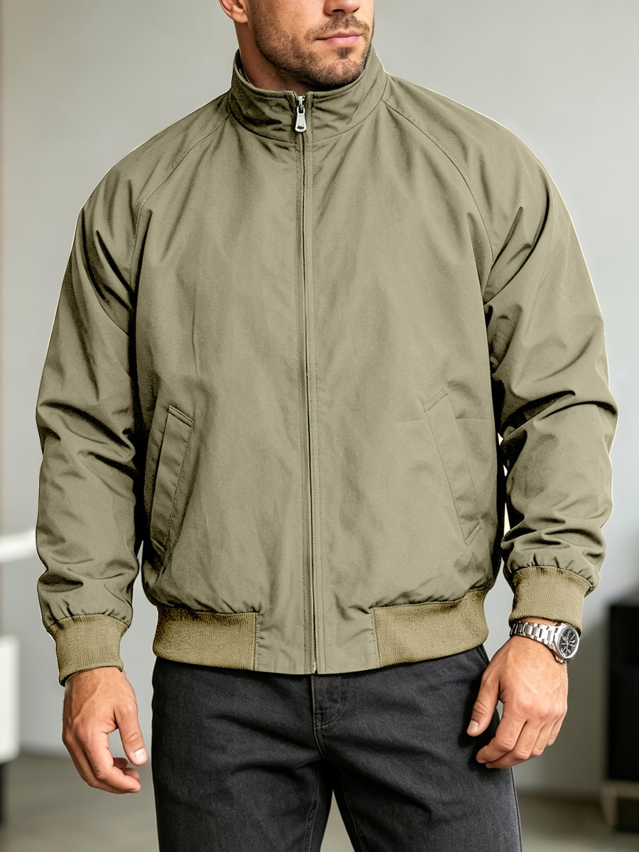 Men's Vintage Harrington Jacket with Stand-Up Collar, Zipper, and Ribbed Cuffs, Casual Outerwear for Daily Commuting - Khaki