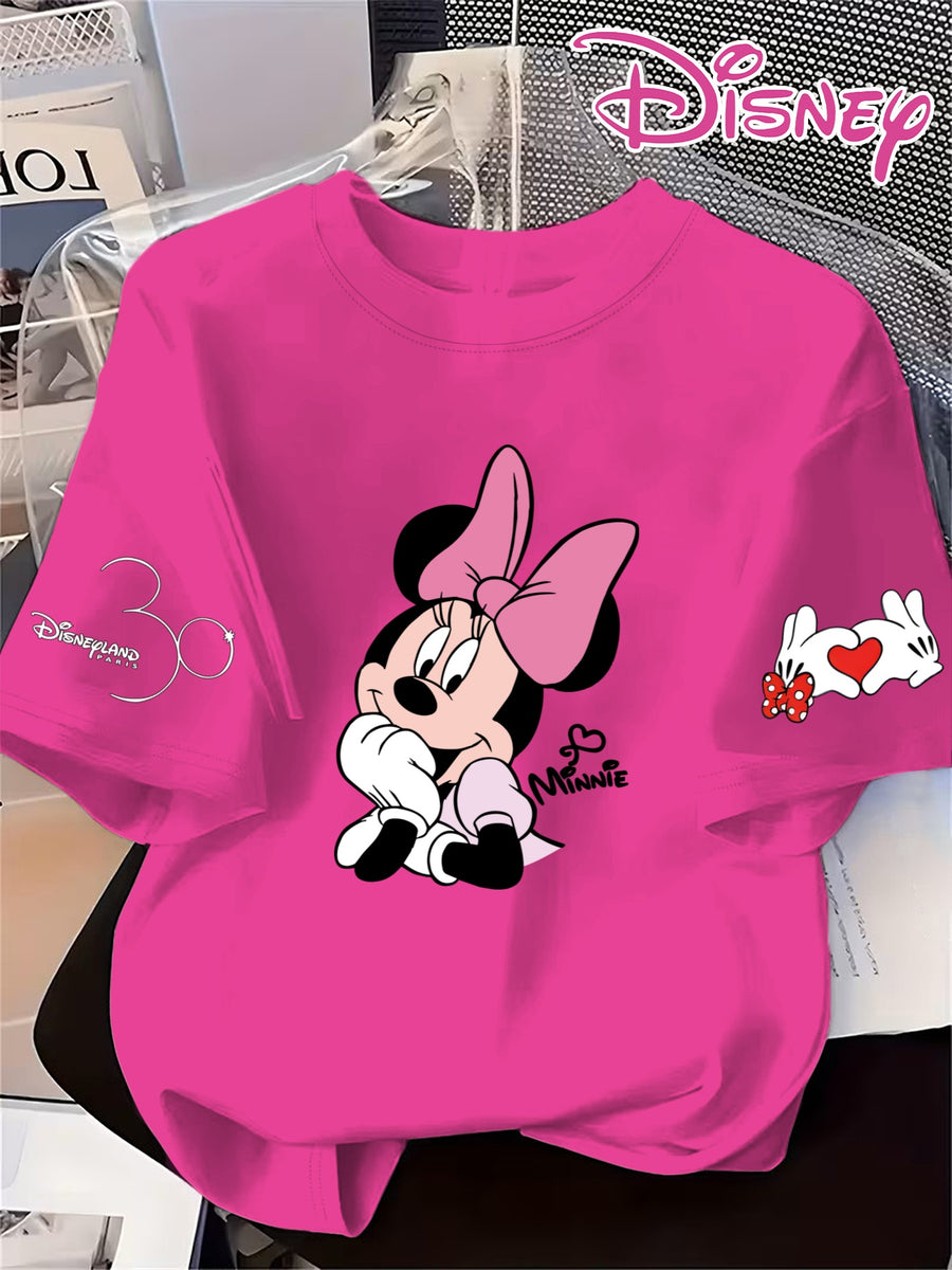 Disney Minnie Cute Short-Sleeve Women'S T-Shirt with a Heart Print, Comfortable Round-Neck Sweatshirt for Spring And Summer - Rose Red