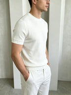 LVLAEA Men's Solid Color Ribbed Knit T-Shirt - Stretch Short Sleeve Round Neck Athletic Top, Breathable Gym & Casual Wear Suitable for Running, Workout, Daily Use, Father's Day/Christmas Gift, Non- Solid Color Shirt - White
