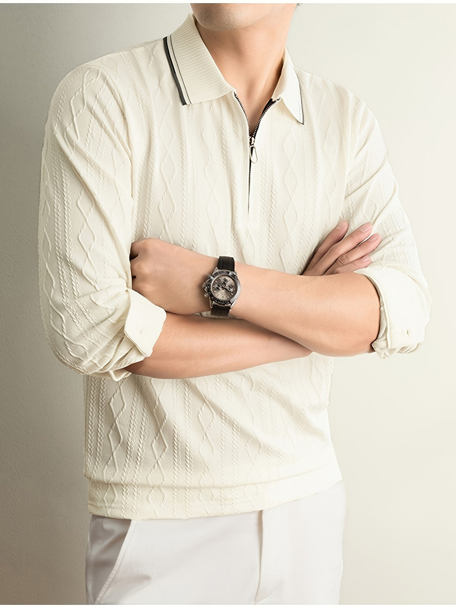 Men's Half-Zip Lapel Long-Sleeve Polo Shirt, Full-Rhombus Jacquard Texture, Contrast-Color Ribbed Collar, Simple Light-Luxury Top, for Business Receptions, Daily Commuting, Loose-Fit Men's Long-Sleeve T-Shirt - Beige Camel