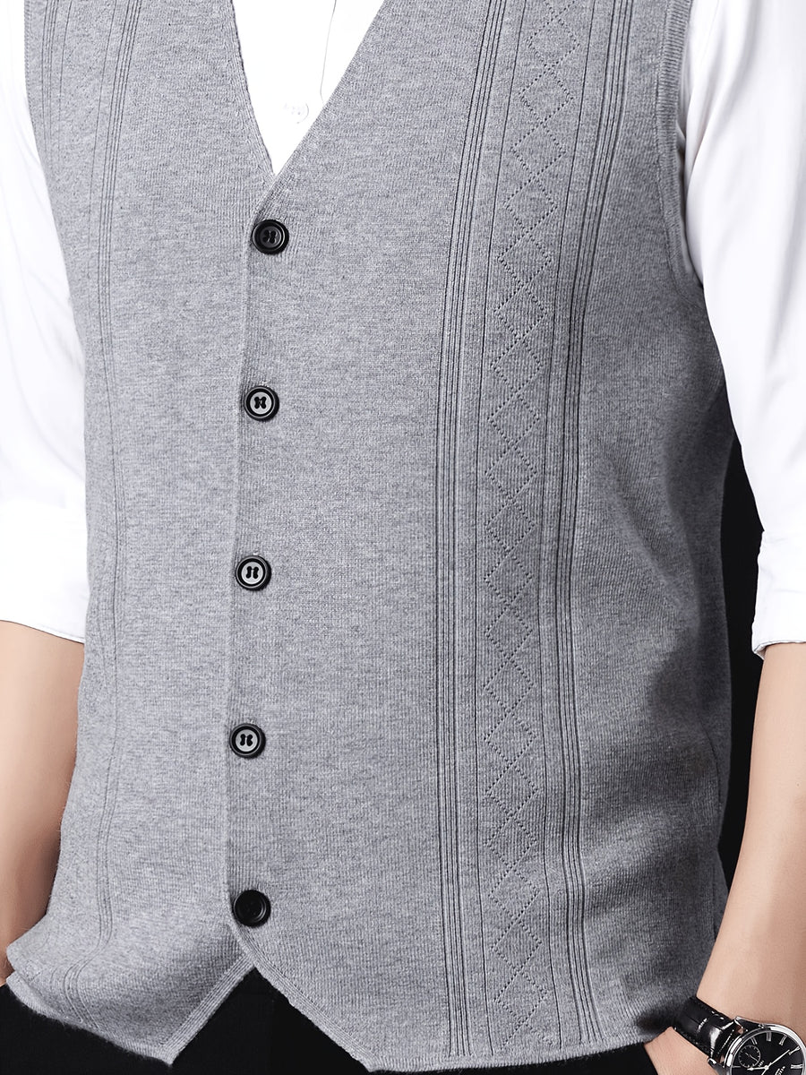 Slim-fit, Washable, and Durable Men's Wool-blend Knit Cardigan Vest. Features a Single-breasted Button Placket and Sleeveless Design, Suitable for Both Layering and Wearing Alone. A Stylish and Versatile Sweater, Perfect as a Gift for Dad or Elders. - Light Grey