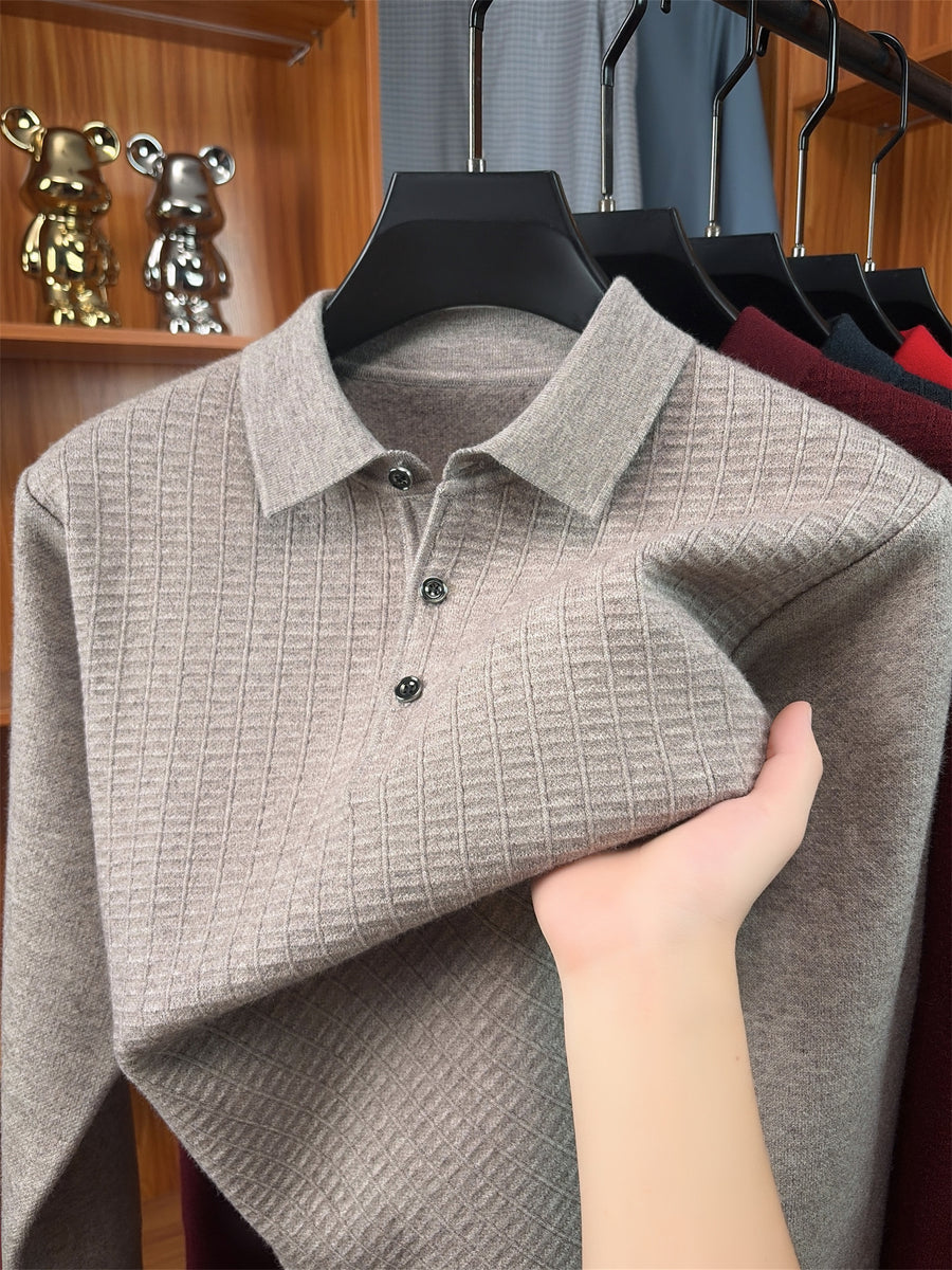 Autumn Winter Knit 3D Solid Color Lapel Sweater, Basic Knit Pullover Top for Men, Fashionable Long Sleeve Sweater HJ - Camel