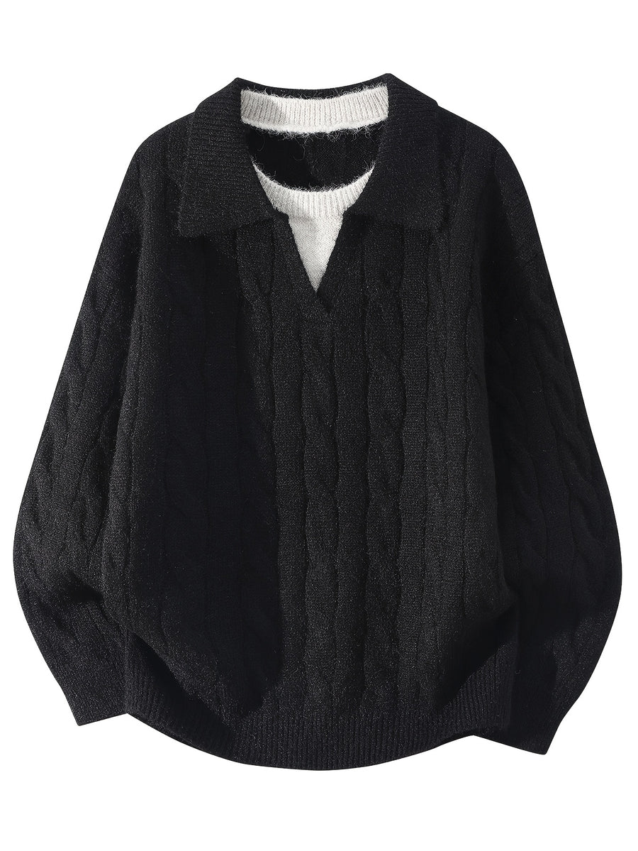 Autumn Winter Polo Neck Sweater Faux Two-Piece Pullover Knit Thick Inner Top - Black