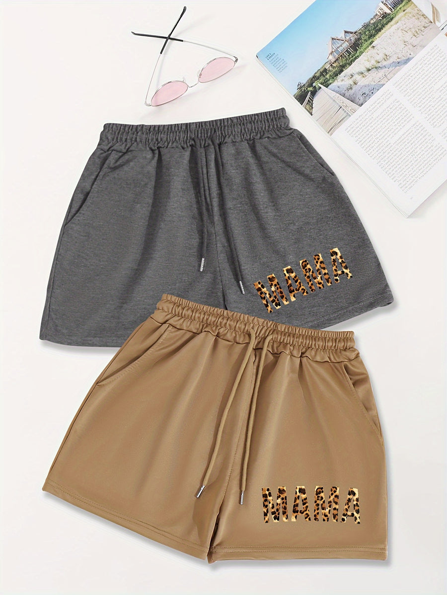 2pcs,Letter Print Drawstring Shorts, Casual Shorts, Women's Clothing - Brown+Dark Grey