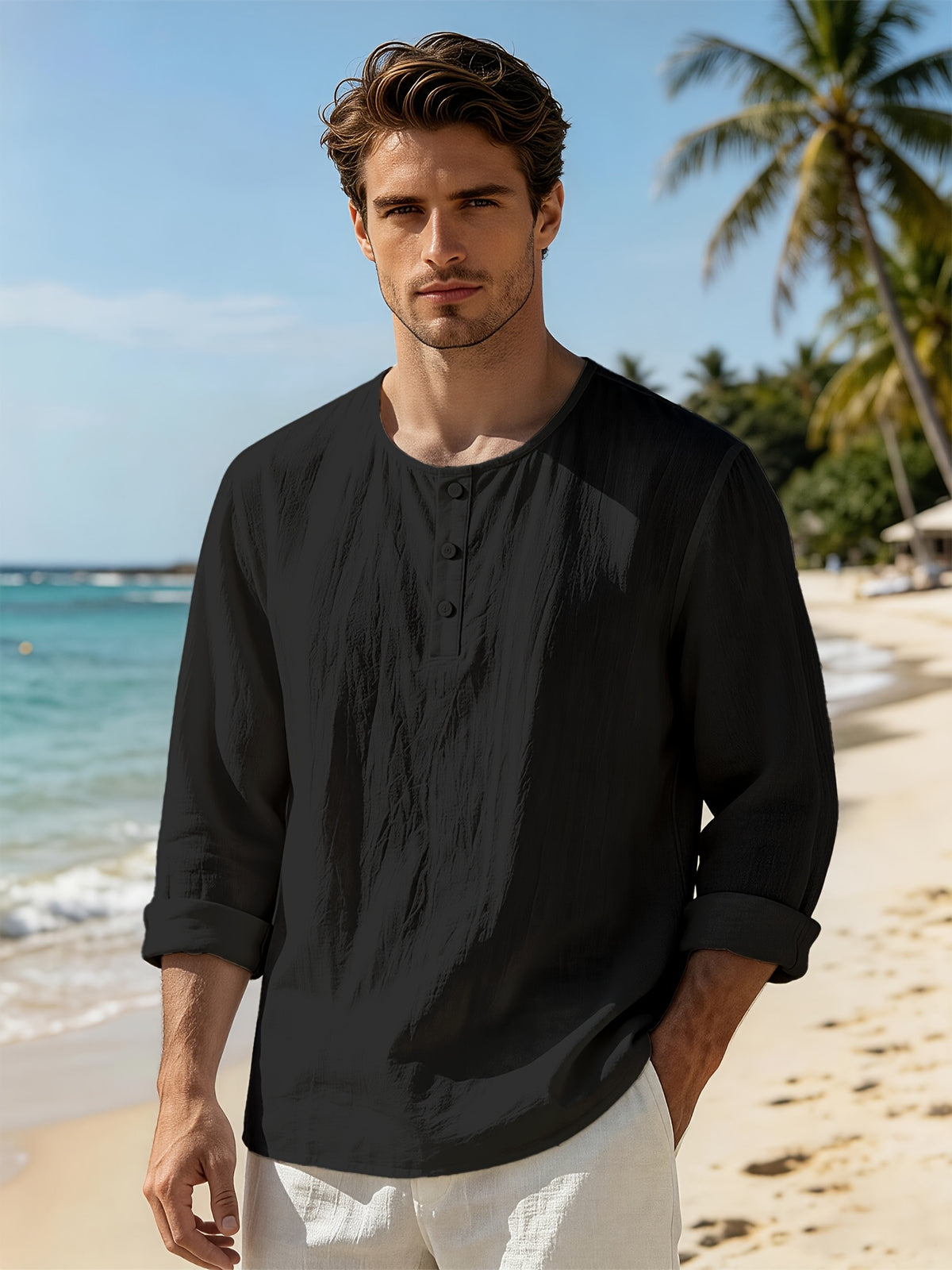 Summer Men'S Linen Henley Collar Long Sleeve Shirt, Half-Button Casual Loose Breathable Top, Beach Vacation Commute Leisure All-Match Men'S Shirt - Black
