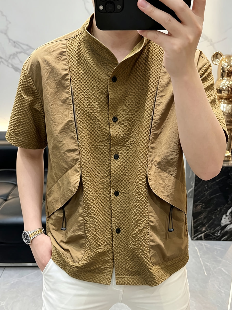 Men'S Light Luxury Shirt, Men'S Designer Style Blouse, Summer Short Sleeve Shirt, Men'S Top - 10213 Gent-A708 Khaki