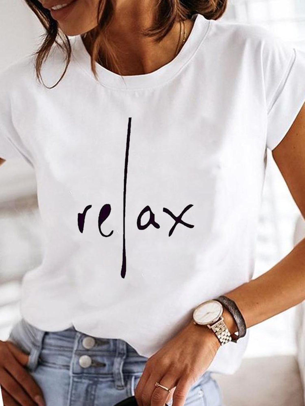 Relax Letter Casual Short Sleeve T-Shirt for Women - White