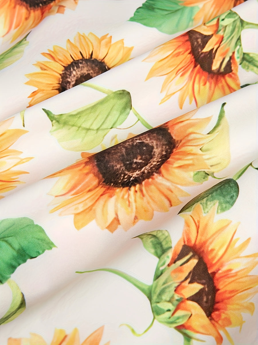 European And American New Women'S Clothing Romantic Sunflower Print Dress One-Shoulder Off-Shoulder Long Waist Fashion Side Slit Dress Temperament Vacation Travel Style Women'S Long Dress - White