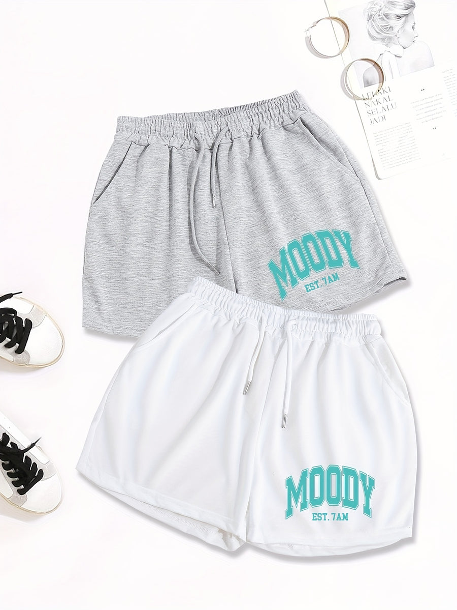 2pcs, Letter Print Drawstring Shorts, Casual Shorts, Women'S Clothing - Grey+White