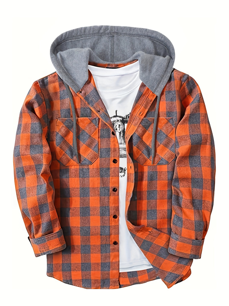 Men's Fashion Hooded Plaid Trendy Shirt Hooded Plaid Sweatshirt, Autumn/Winter Essentials, New Season - Orange-Red