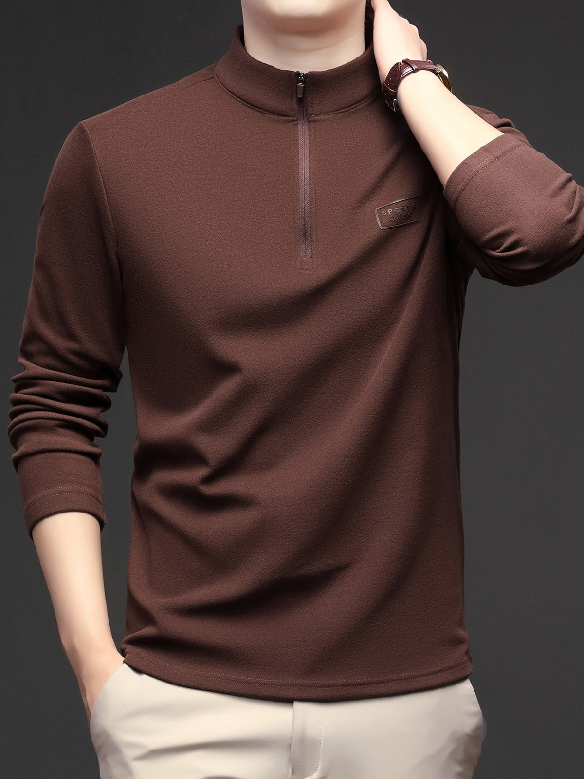 Men'S 1/4 Zip Long Sleeve Sweatshirt, Spring/Autumn Business Casual Golf Top, Half-Zip Collar High Neck Long Sleeve T-Shirt, Soft Comfortable Casual Sportswear, Outdoor Spring/Autumn Warm Clothing, Logo on Chest, Mature Men'S Apparel - COFFEE COLOR