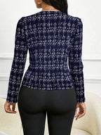 Elegant Women's Autumn/winter Jacket, Single-button Design, Classic Plaid Pattern, Perfect for Autumn and Winter, Ideal for Daily Commutes - Blue