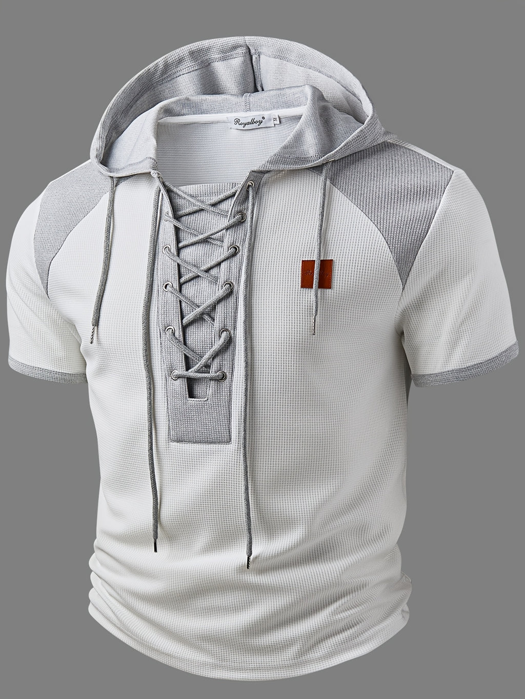 ROYALBOY Spring New Arrival: Hooded Short Sleeve with Dual-Color Waffle Knit Patchwork and Eyelet Drawstring Design. Versatile for Daily Wear, Fashionable Casual Style, Suitable for Gatherings and Parties. Machine Washable, Not Dry Cleanable - White