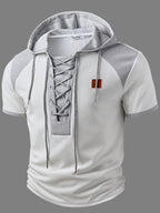 ROYALBOY Spring New Arrival: Hooded Short Sleeve with Dual-Color Waffle Knit Patchwork and Eyelet Drawstring Design. Versatile for Daily Wear, Fashionable Casual Style, Suitable for Gatherings and Parties. Machine Washable, Not Dry Cleanable - White