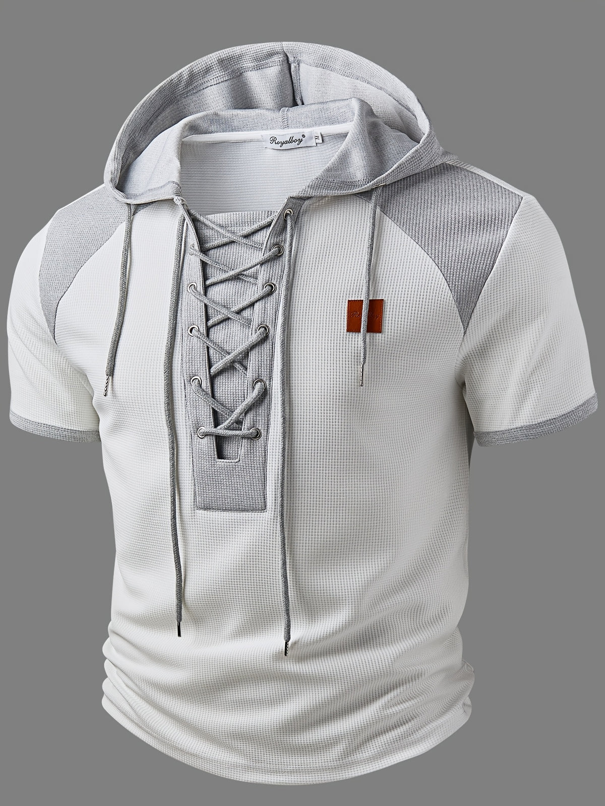 ROYALBOY Spring New Arrival: Hooded Short Sleeve with Dual-Color Waffle Knit Patchwork and Eyelet Drawstring Design. Versatile for Daily Wear, Fashionable Casual Style, Suitable for Gatherings and Parties. Machine Washable, Not Dry Cleanable - White