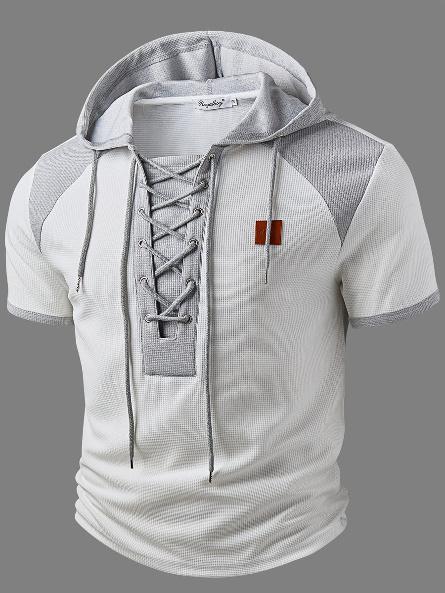 ROYALBOY Spring New Arrival: Hooded Short Sleeve with Dual-Color Waffle Knit Patchwork and Eyelet Drawstring Design. Versatile for Daily Wear, Fashionable Casual Style, Suitable for Gatherings and Parties. Machine Washable, Not Dry Cleanable - White