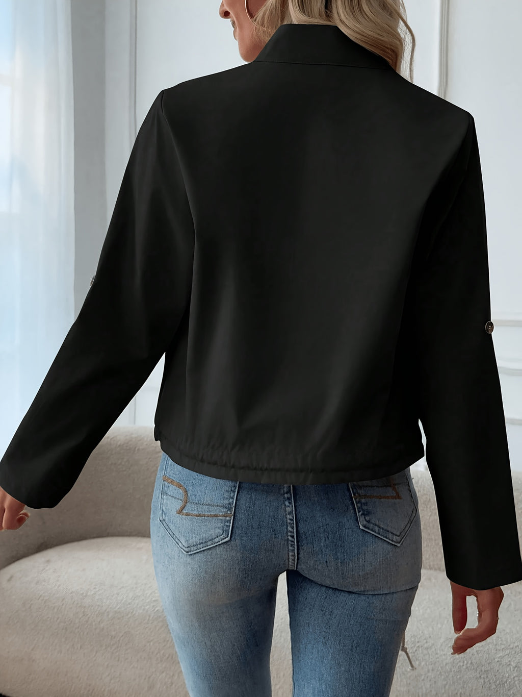 Women'S Lightweight Stand-Collar Jacket – Fashionable Zippered Bomber with Decorative Front Pockets And Adjustable Drawstring Hem, Ideal Casual Street Style Outerwear for Spring And Autumn - Black