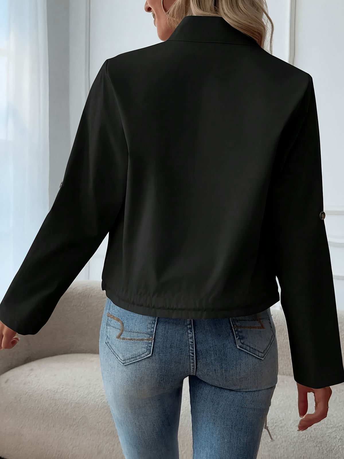 Women'S Lightweight Stand-Collar Jacket – Fashionable Zippered Bomber with Decorative Front Pockets And Adjustable Drawstring Hem, Ideal Casual Street Style Outerwear for Spring And Autumn - Black