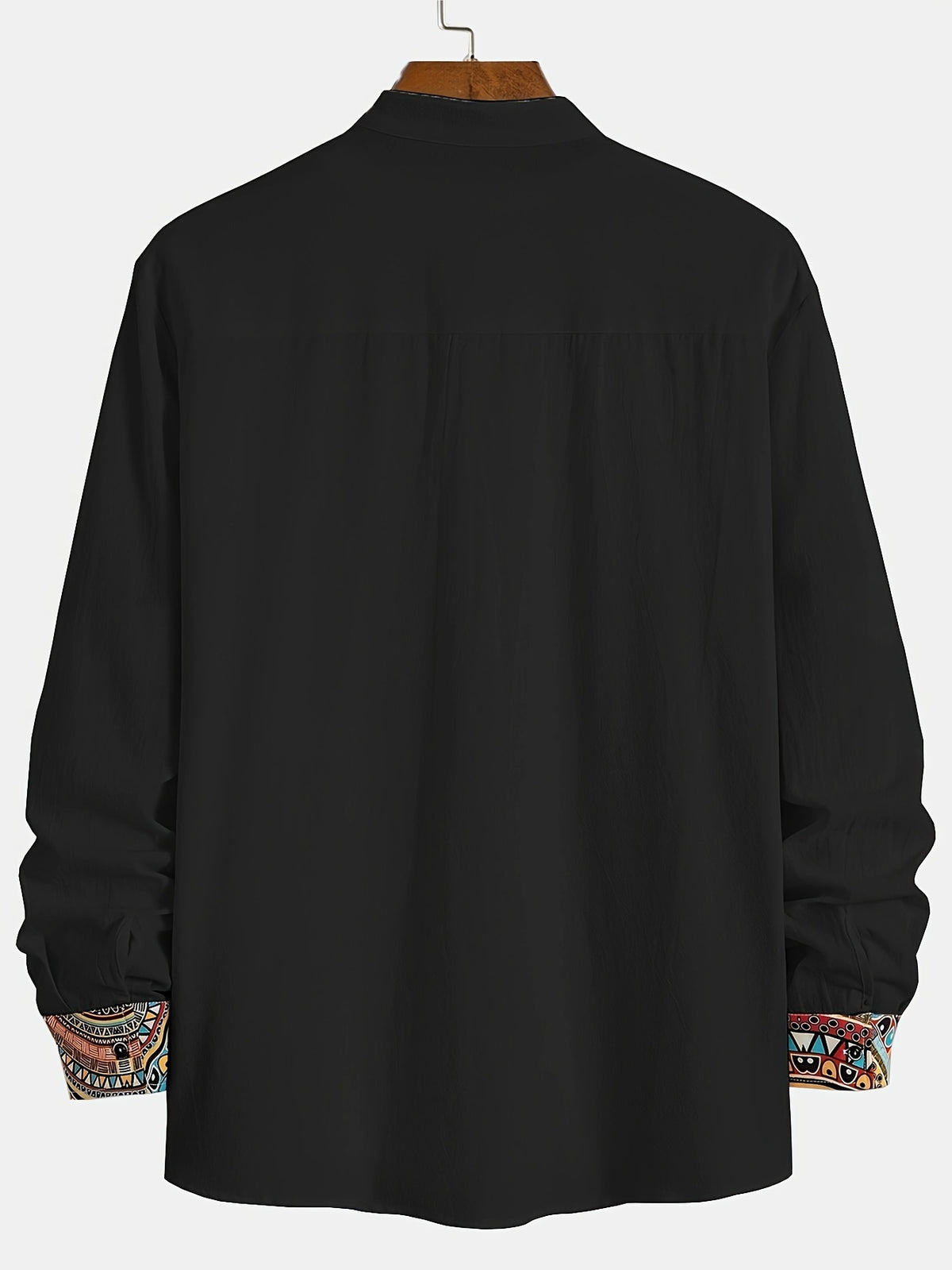 Men's Trendy Classic Solid Color Spliced Geometric Print Stand Collar Multi-Buckle Design Comfortable Breathable Material Casual Versatile Long Sleeve Shirt for Spring and Autumn - Deep Black