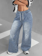 Women'S High Waist Loose Fit Wide Leg Jeans - Street Style, Slant Pockets, Elasticated Drawstring Waist, Non-Stretch Fabric, Perfect for Casual Attire, Casual Pants, Flowy Pants, Nonstretch Fabric - Light Blue