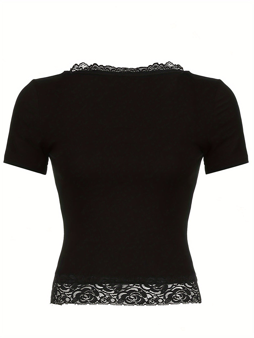 Women'S Fashion Serum Summer Short Lace Patchwork Tight Fashion T-Shirt - Black