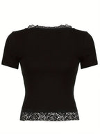 Women'S Fashion Serum Summer Short Lace Patchwork Tight Fashion T-Shirt - Black