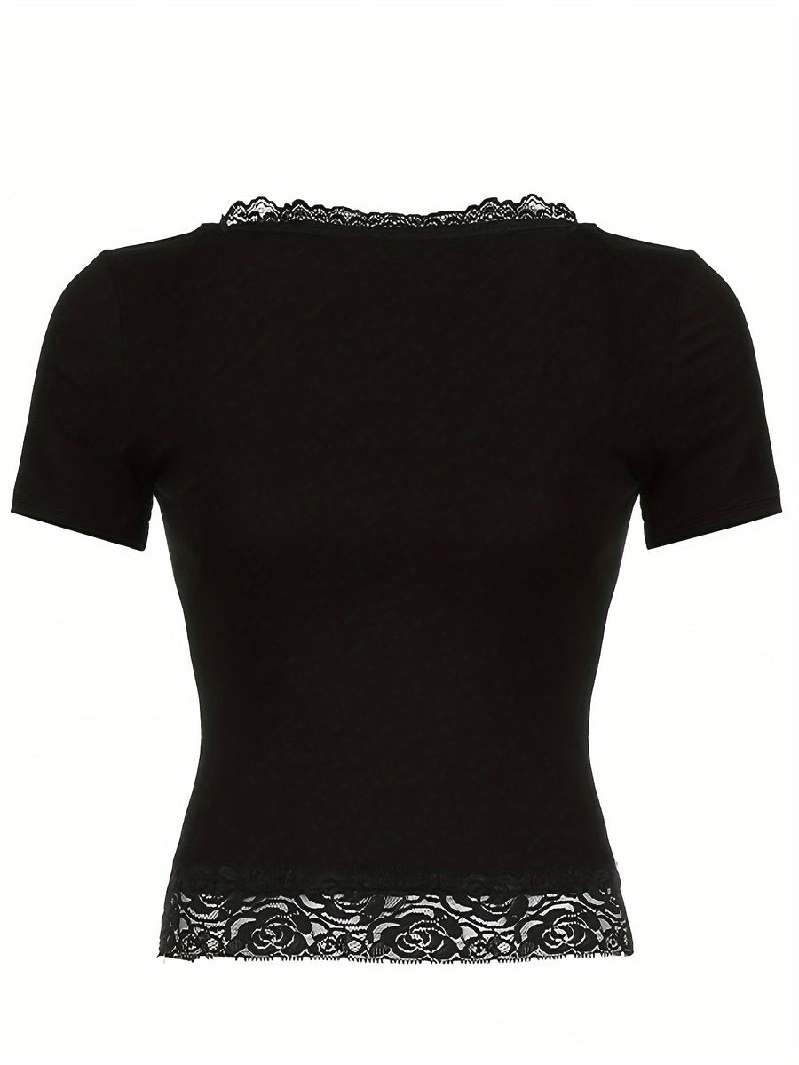 Women'S Fashion Serum Summer Short Lace Patchwork Tight Fashion T-Shirt - Black