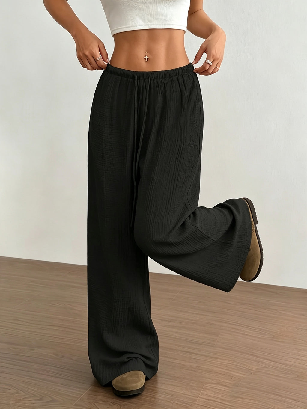 Women's Solid Color Wide-Leg Trousers - Elastic Waist Straight-Leg Pants with Adjustable Drawstring, Lightweight Loose Wide Pants Suitable for Spring Summer Fall, Casual Office Wear, Machine Washable Wide Leg Pants for Blouses - Black