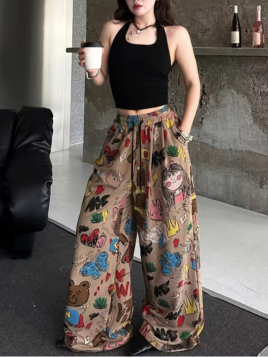 Y2K Women'S Cute Cartoon Graffiti Wide Leg Pants - Multicolor