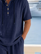 Summer Lightweight Cotton-Linen Hooded Short-Sleeve Hoodie, Men's Half-Zip Loose Fit Commuting and Vacation Solid Color Pullover, Seaside Beach Vacation Top - Navy Color