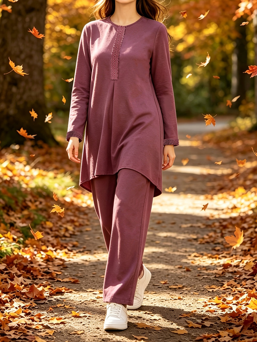 Ramadan Elegant Ladies Set Abaya Dress And Pants Solid Color Round Neck Embroidered Chest And Sleeve Applique Top Elastic Waist Long Pants Commute Casual Two-Piece Set - Fuchsia