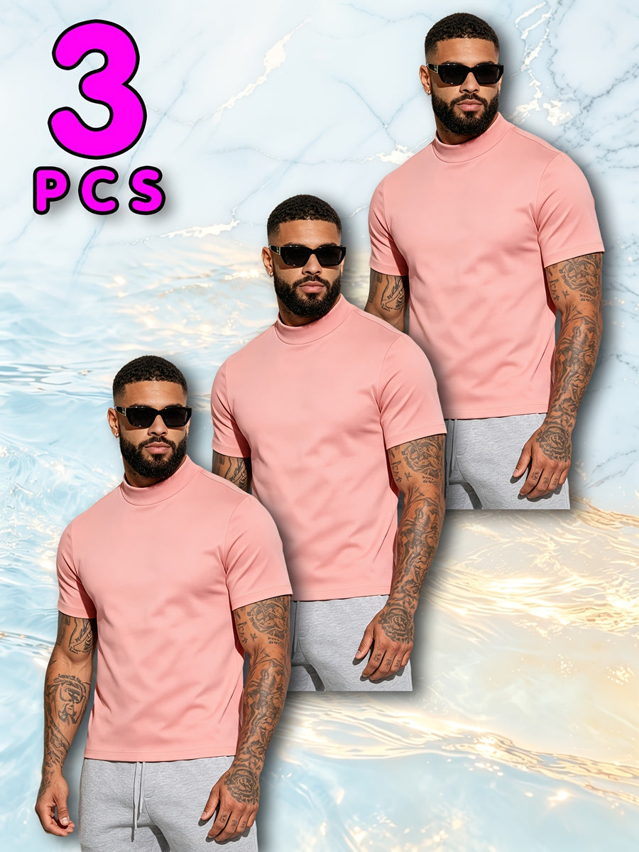 3pcs Fashionable Men's Cotton Sport Tops, Summer/Spring-Summer New Arrival, Skin-Friendly, Small Stand-Up Collar, Short Sleeve, Slim Fit, Casual, Men's Trendy, Versatile, and Simple Style - Mixed Color 2