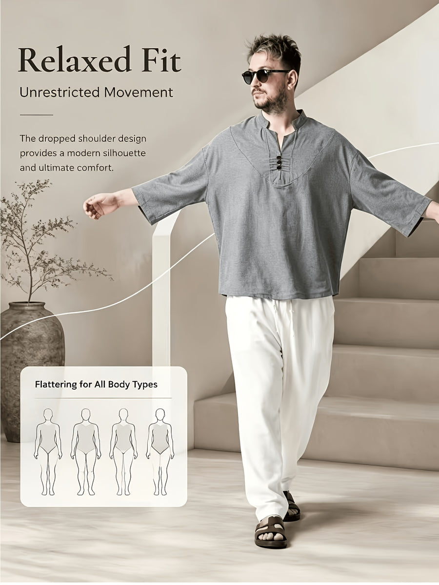 Men's Casual Shirt, New Linen V-Neck Casual Shirt for Daily Wear, Three-Quarter Sleeve Design, Suitable as a Gift! - Grey