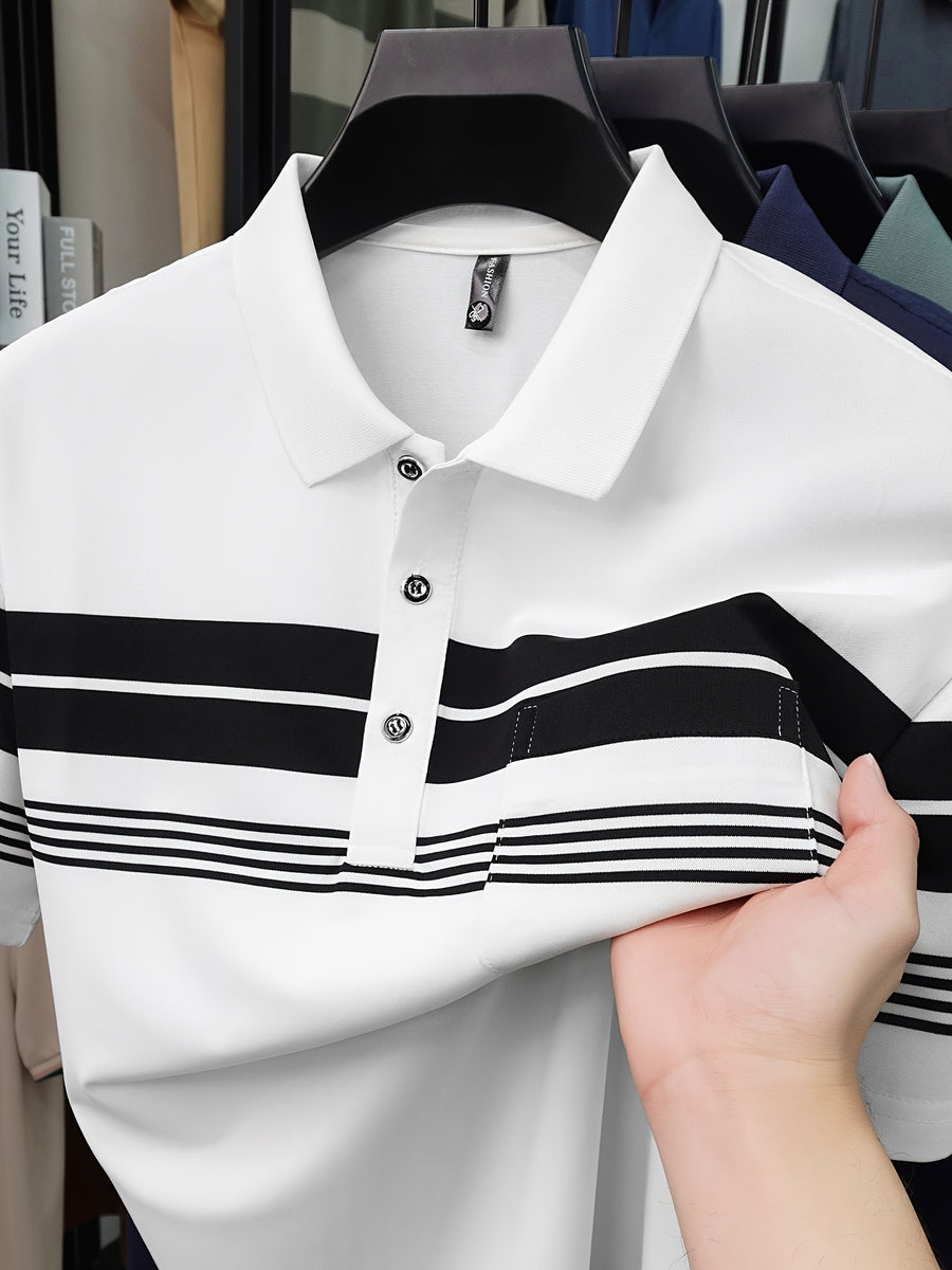 New Summer Men's Short-Sleeve T-Shirt, Wrinkle-Free Striped Loose-Fit Polo Shirt, Stylish and Versatile Casual Dad Fit Thin Shirt 26659 - White