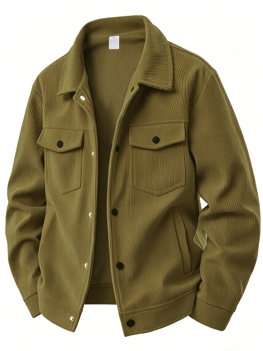 Men's Corduroy Lapel Jacket 3pcs Set, Multi-Pocket Single-Breasted Casual Shirt-Style Outerwear, Vintage Loose Fit Daily Commute Outfit Set, Gift Box Not Included - Gray+blue+khaki
