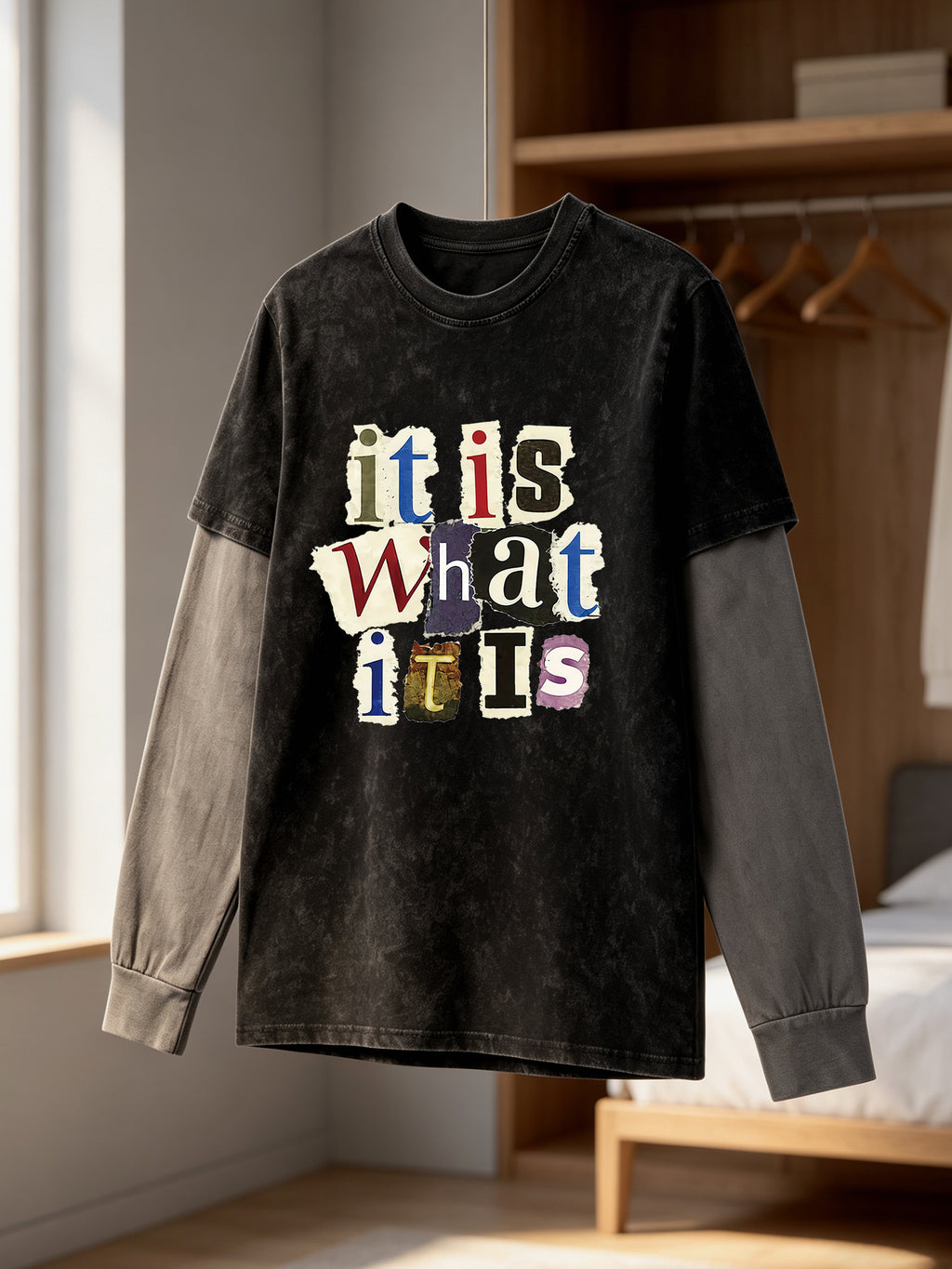 Men'S Faux Two-Piece Long Sleeve T-Shirt, Vintage Washed Easy Design Statement Print Contrast Gray Sleeve Top, American Street Loose Casual Long Sleeve T-Shirt - Black