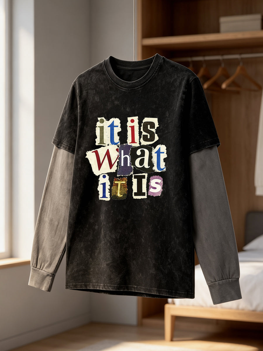 Men'S Faux Two-Piece Long Sleeve T-Shirt, Vintage Washed Easy Design Statement Print Contrast Gray Sleeve Top, American Street Loose Casual Long Sleeve T-Shirt - Black