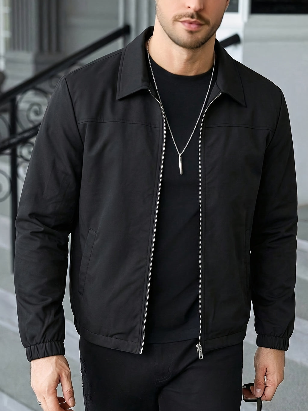 [Pearson OBM] Men'S Solid Color Long Sleeve Lapel Jacket Top - Black