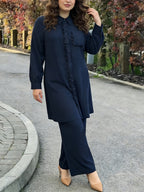 Eid | Elegant Plain Fril Muslim 2pcs Jalabiya Set | Elegant Abaya Women Modest with Pocket & Placket Ruffle Trim + Loose Wide-Leg Pants | Daily Home Leisure Commute Wear - Navy Color