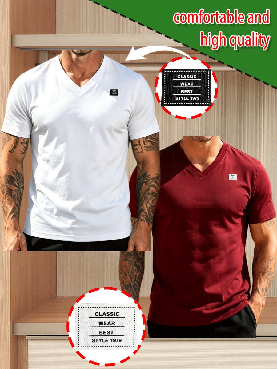 2pcs 100%, Men'S Knitted Solid V-Neck T-Shirt, Men'S T-Shirt New Chapter Design, Summer Global All-Season Base Layer Factory Made Men Comfortable High Quality High Fit Rate Casual Sports Top - White+Burgundy