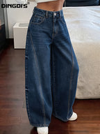 Women'S New Loose Wide-Leg Elastic Waist Jeans, Classic Boyfriend Style Floor-Length Trousers, Casual Home Wear Design with Ripped Patchwork, 90S Classic Acid-Wash Blue Retro Zipper Pants, Comfortable Fit Suitable for Work And Travel - Deep Blue