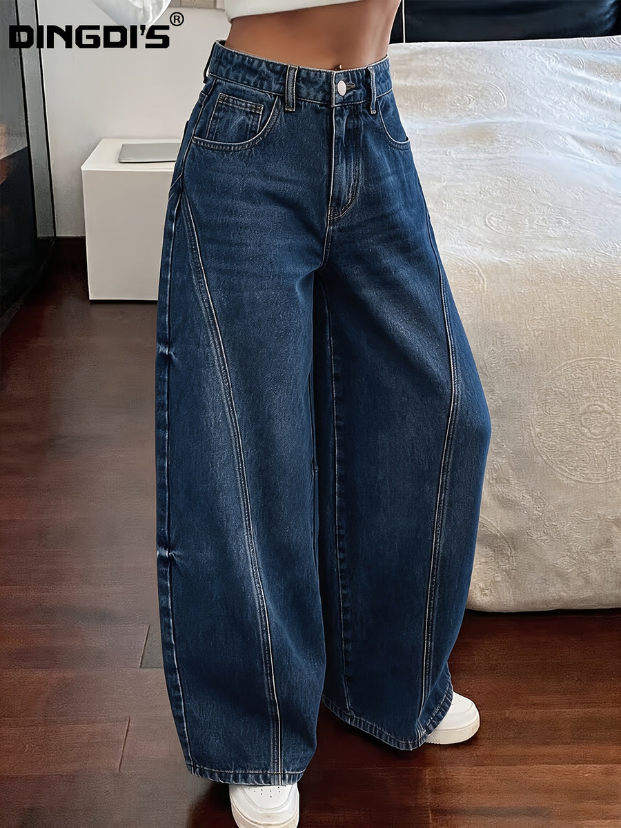 Women'S New Loose Wide-Leg Elastic Waist Jeans, Classic Boyfriend Style Floor-Length Trousers, Casual Home Wear Design with Ripped Patchwork, 90S Classic Acid-Wash Blue Retro Zipper Pants, Comfortable Fit Suitable for Work And Travel - Deep Blue