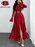 Women'S Romantic Sexy Elegant Modern Polka Dot Printed Stand Collar, Waist Double Slit Multi-Layered Skirt Dress, Suitable for Dates, Vacations, And Casual Wear, Belt Not Included - Red