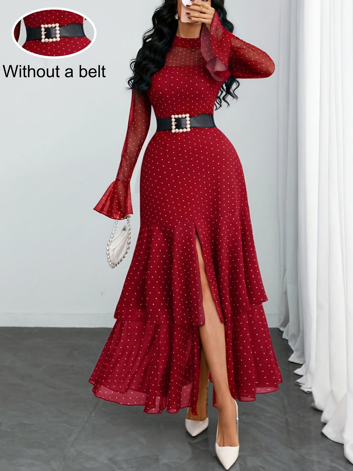 Women'S Romantic Sexy Elegant Modern Polka Dot Printed Stand Collar, Waist Double Slit Multi-Layered Skirt Dress, Suitable for Dates, Vacations, And Casual Wear, Belt Not Included - Red